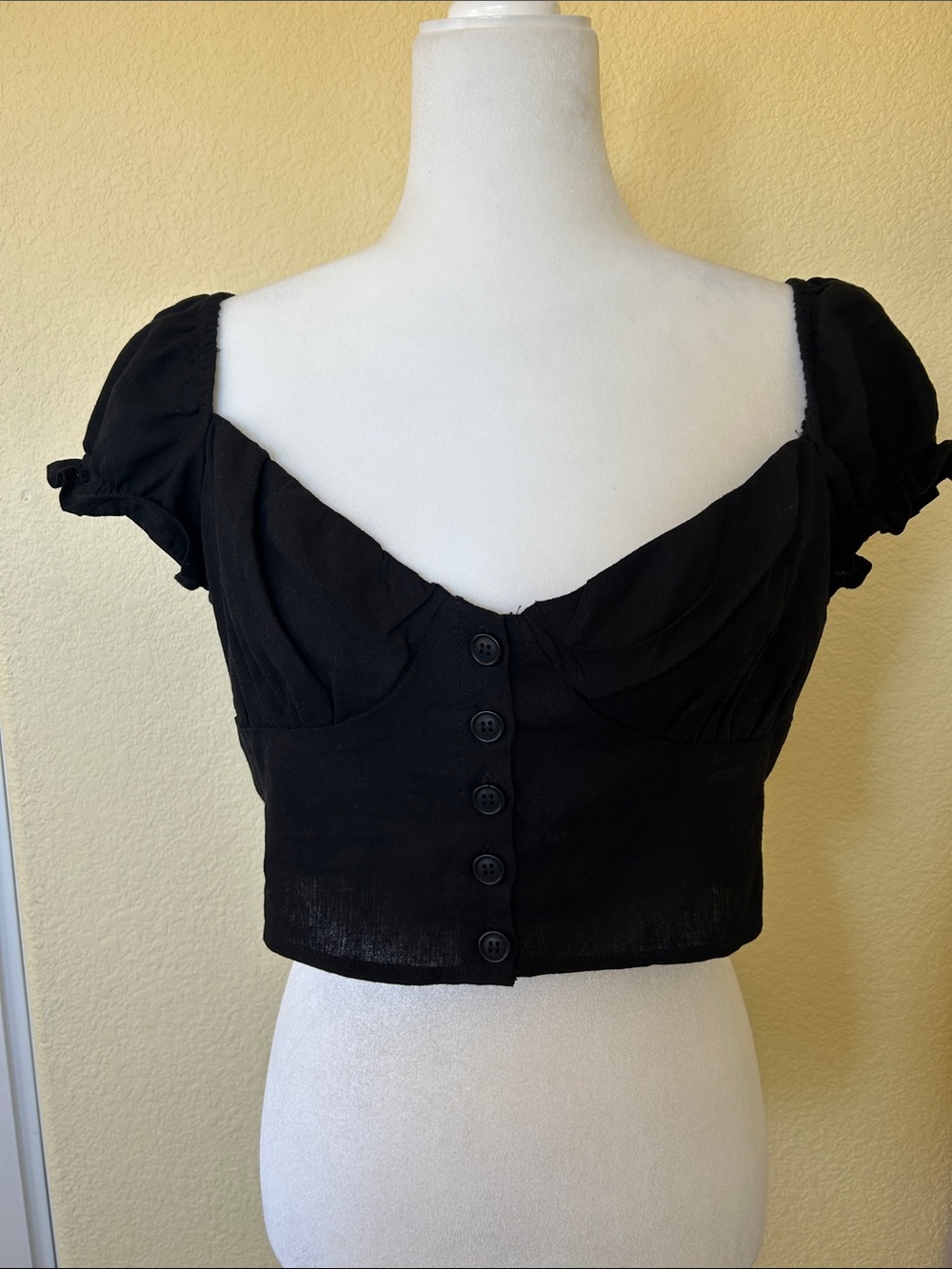 Cotton On Black Button-Front Puff Sleeve Crop Top